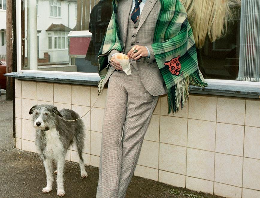 clothing shoe footwear dog person overcoat coat pants suit home decor
