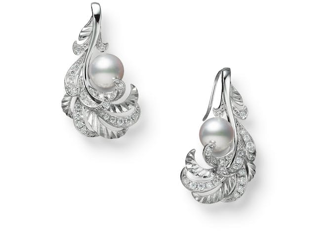  18K white gold earrings with Akoya cultured pearls and diamonds, MIKIMOTO