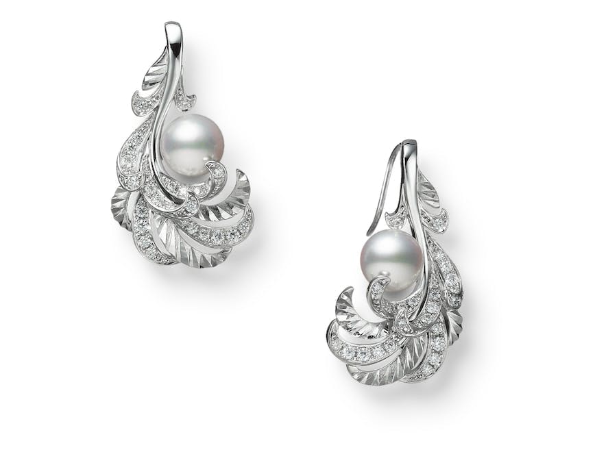  18K white gold earrings with Akoya cultured pearls and diamonds, MIKIMOTO