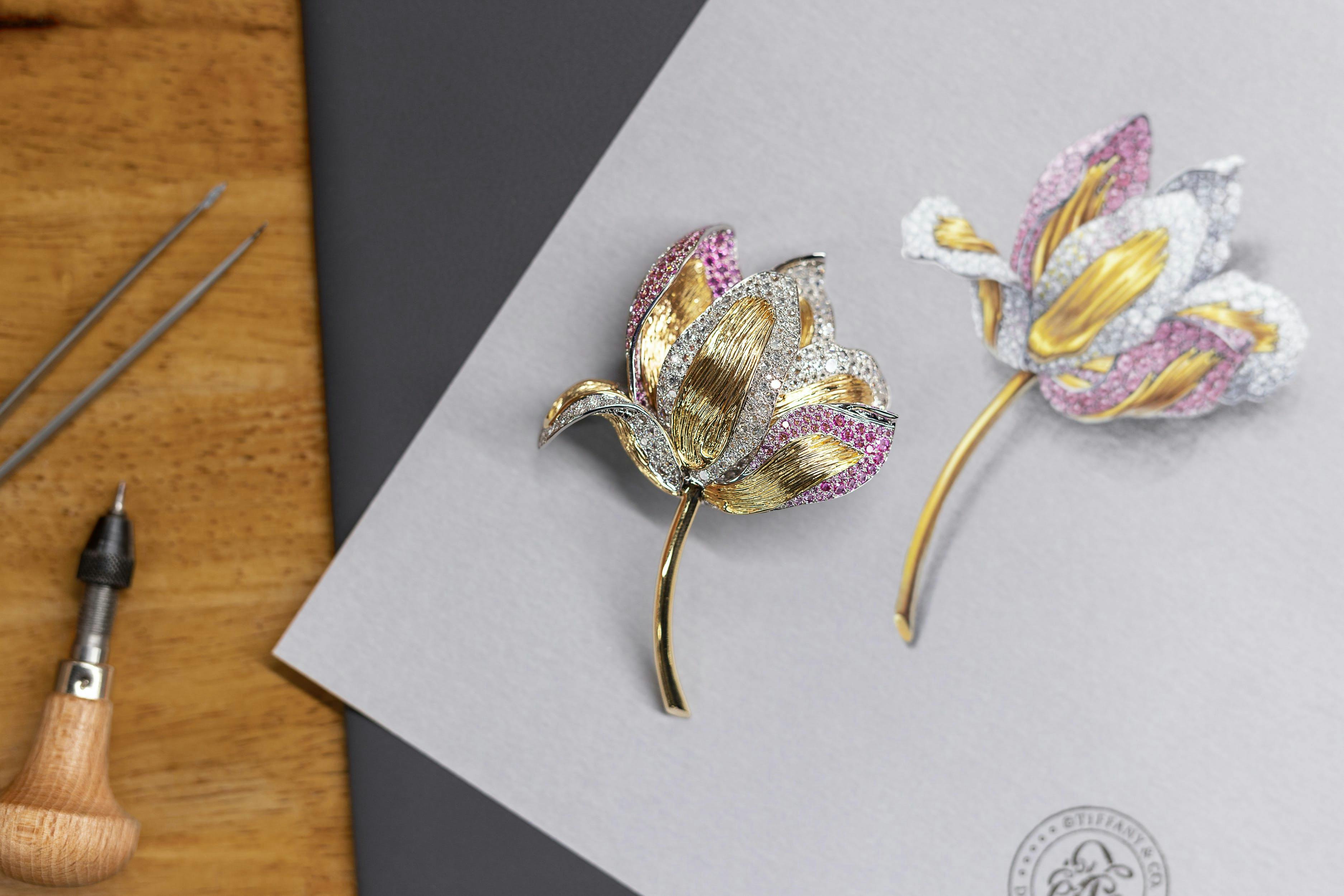 Tiffany & Co. Botanica Blue Book 2022 high jewellery collection brooch in platinum and 18k yellow gold with pink sapphires and diamonds