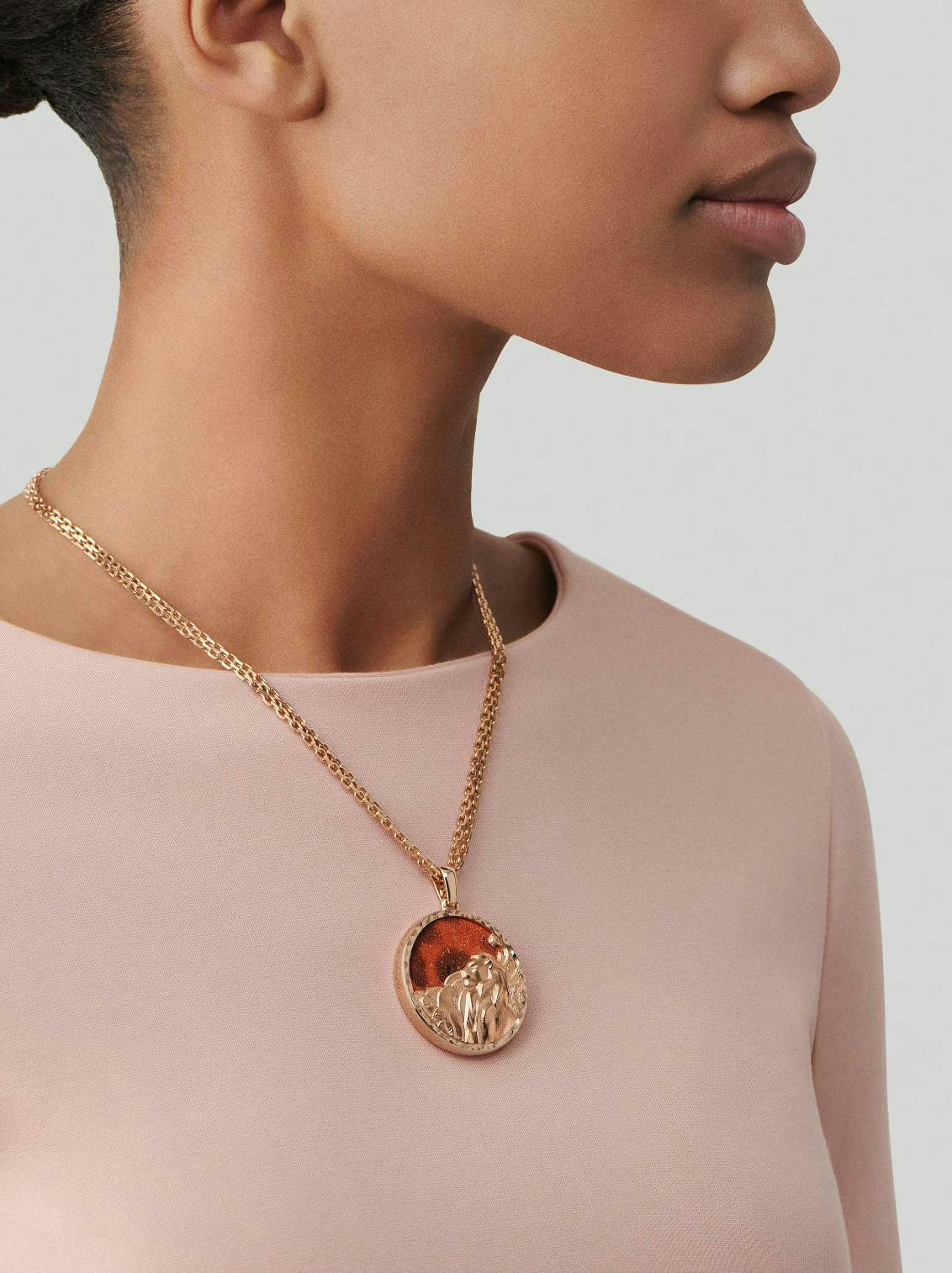 Van Cleef & Arpels’ Zodiaque long necklace Leonis (Leo) in rose gold and red jasper