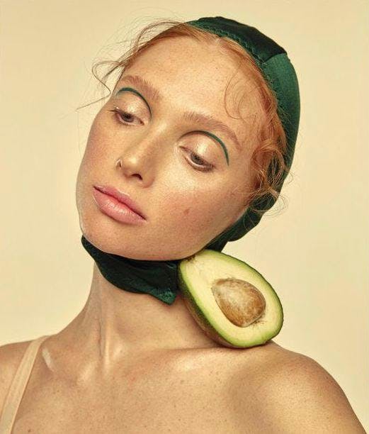 face head person portrait adult female woman fruit pear avocado